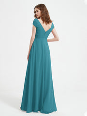Robe de A-ligne en Mousseline à Col en V avec Fente Jade