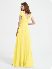 Robe de A-ligne en Mousseline à Col en V avec Fente Citron
