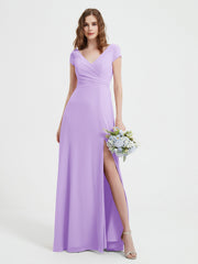 Robe de A-ligne en Mousseline à Col en V avec Fente Lilas