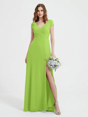 Robe de A-ligne en Mousseline à Col en V avec Fente Vert Citron Grande Taille
