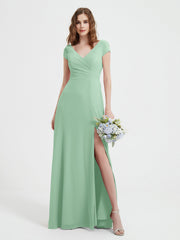 Robe de A-ligne en Mousseline à Col en V avec Fente Vert Menthe