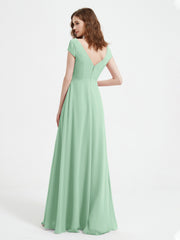 Robe de A-ligne en Mousseline à Col en V avec Fente Vert Menthe