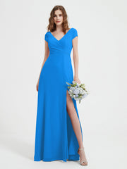 Robe de A-ligne en Mousseline à Col en V avec Fente Bleu Océan
