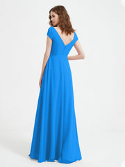 Robe de A-ligne en Mousseline à Col en V avec Fente Bleu Océan
