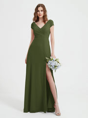 Robe de A-ligne en Mousseline à Col en V avec Fente Olive Verte Grande Taille
