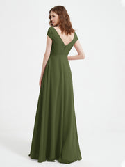 Robe de A-ligne en Mousseline à Col en V avec Fente Olive Verte