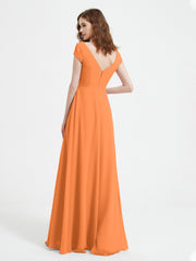 Robe de A-ligne en Mousseline à Col en V avec Fente Orange