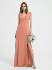 Robe de A-ligne en Mousseline à Col en V avec Fente Papaye Grande Taille