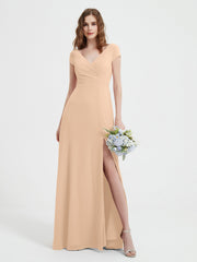 Robe de A-ligne en Mousseline à Col en V avec Fente Pêche