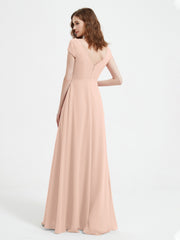 Robe de A-ligne en Mousseline à Col en V avec Fente Rose Perle