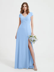 Robe de A-ligne en Mousseline à Col en V avec Fente Bleu Ciel