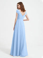 Robe de A-ligne en Mousseline à Col en V avec Fente Bleu Ciel