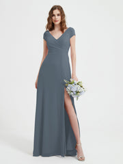 Robe de A-ligne en Mousseline à Col en V avec Fente Bleu de Schiste