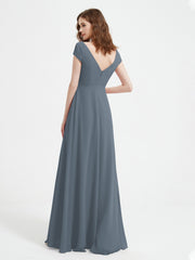 Robe de A-ligne en Mousseline à Col en V avec Fente Bleu de Schiste
