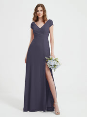 Robe de A-ligne en Mousseline à Col en V avec Fente Orageux