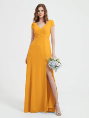 Robe de A-ligne en Mousseline à Col en V avec Fente Mandarine Grande Taille