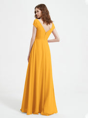 Robe de A-ligne en Mousseline à Col en V avec Fente Mandarine