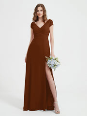 Robe de A-ligne en Mousseline à Col en V avec Fente Terracotta