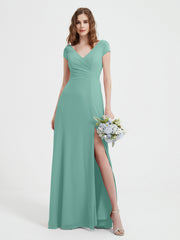 Robe de A-ligne en Mousseline à Col en V avec Fente Turquoise Grande Taille