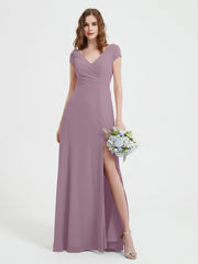 Robe de A-ligne en Mousseline à Col en V avec Fente Vintage Mauve