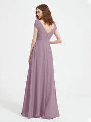 Robe de A-ligne en Mousseline à Col en V avec Fente Vintage Mauve Grande Taille