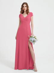 Robe de A-ligne en Mousseline à Col en V avec Fente Pastèque Grande Taille