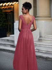 Robe Longue en Dentelle Et Mousseline avec Mancherons Cannelle Rose Grande Taille