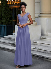 Robe Longue en Dentelle Et Mousseline avec Mancherons Pervenche