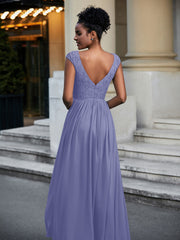 Robe Longue en Dentelle Et Mousseline avec Mancherons Pervenche