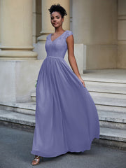 Robe Longue en Dentelle Et Mousseline avec Mancherons Pervenche