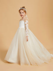 Robes de Fille Élégantes en Tulle avec Appliques en Dentelle et Accents de Boutons