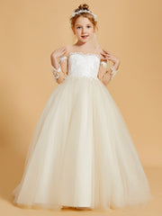 Robes de Fille Élégantes en Tulle avec Appliques en Dentelle et Accents de Boutons
