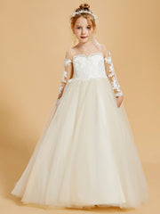 Robes de Fille Élégantes en Tulle avec Appliques en Dentelle et Accents de Boutons