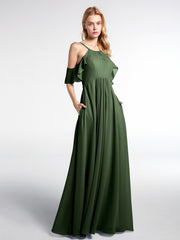 Robe Empire en Mousseline à Épaules Dénudées avec Poches Olive Verte Grande Taille