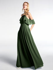Robe Empire en Mousseline à Épaules Dénudées avec Poches Olive Verte