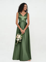 Robes Maxi Princesse à Col en V en Satin avec Poches Olive Verte Grande Taille