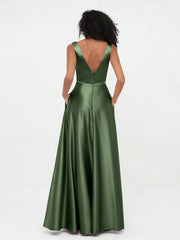Robes Maxi Princesse à Col en V en Satin avec Poches Olive Verte