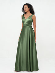Robes Maxi Princesse à Col en V en Satin avec Poches Olive Verte Grande Taille