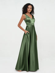 Robes Maxi Princesse à Col en V en Satin avec Poches Olive Verte Grande Taille