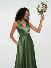 Robes Maxi Princesse à Col en V en Satin avec Poches Olive Verte