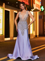 Robe de Soirée Sirène Luxueuse Ornée de Strass Lavande
