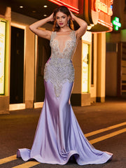 Robe de Soirée Sirène Luxueuse Ornée de Strass Lavande