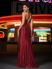 Robe de Soirée Sirène en Satin Bretelles à Spaghetti avec Traîne Balayage Bordeaux