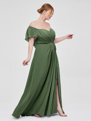 Mancherons Mousseline Robes De Demoiselle d'Honneur Avec Fente Olive Verte Grande Taille