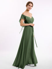 Mancherons Mousseline Robes De Demoiselle d'Honneur Avec Fente Olive Verte