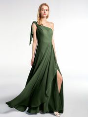 Robe Longue en Mousseline à Une Épaule avec Cascade Olive Verte