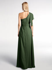 Robe Longue en Mousseline à Une Épaule avec Cascade Olive Verte Grande Taille