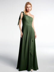 Robe Longue en Mousseline à Une Épaule avec Cascade Olive Verte Grande Taille