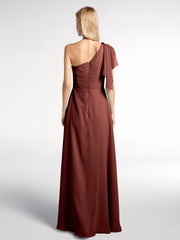 Robe Longue en Mousseline à Une Épaule avec Cascade terracotta