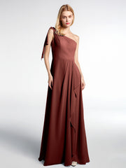 Robe Longue en Mousseline à Une Épaule avec Cascade terracotta Grande Taille